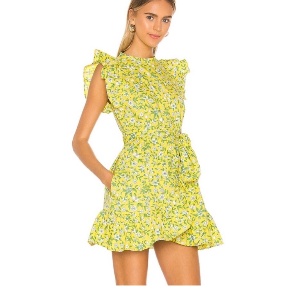 BANJANAN Audrey Mini Dress Spring Aurora Floral Print Yellow Green Size M